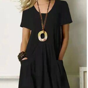 Crew Neck Loose Fit Pockets Plain Dress - Black
